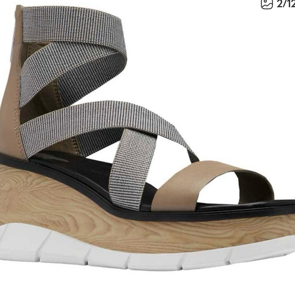 Sorel Tan and Gray Joanie III Sport Strap Wedge Sandal